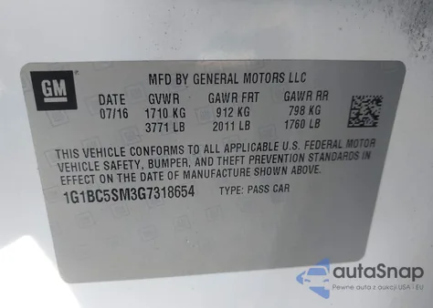 2016 Chevrolet Cruze Ls Auto из США, поврежденный, VIN 1G1BC5SM3G7318654